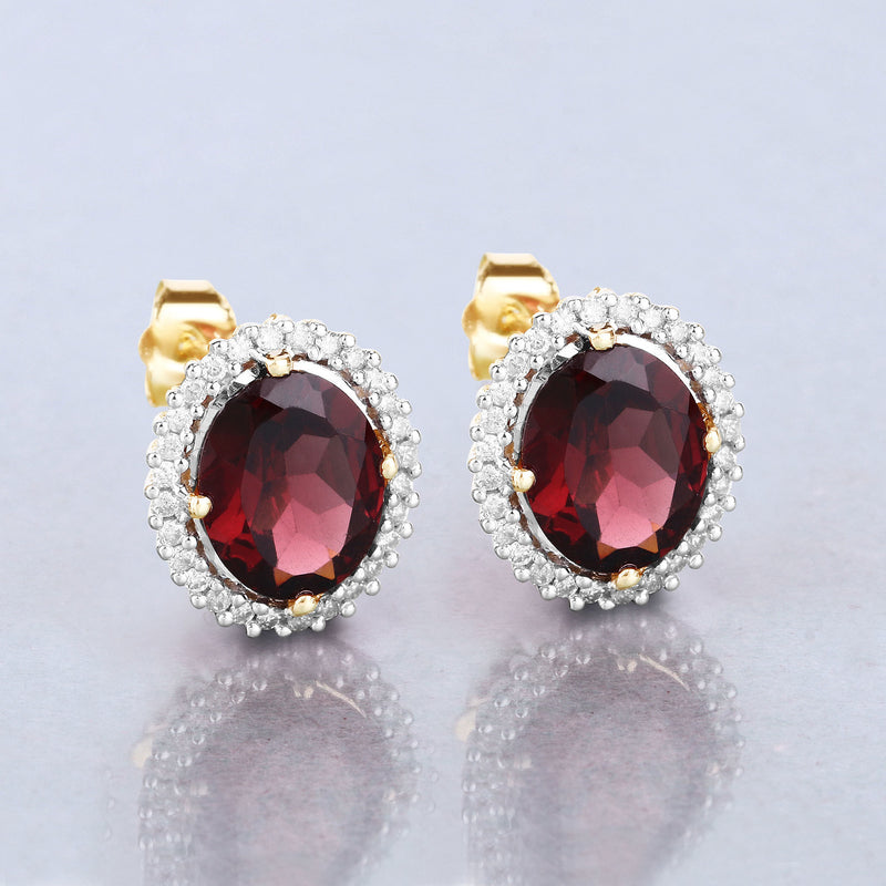 5.82 Carat Genuine Rhodolite and White Diamond 14K Yellow Gold Earrings