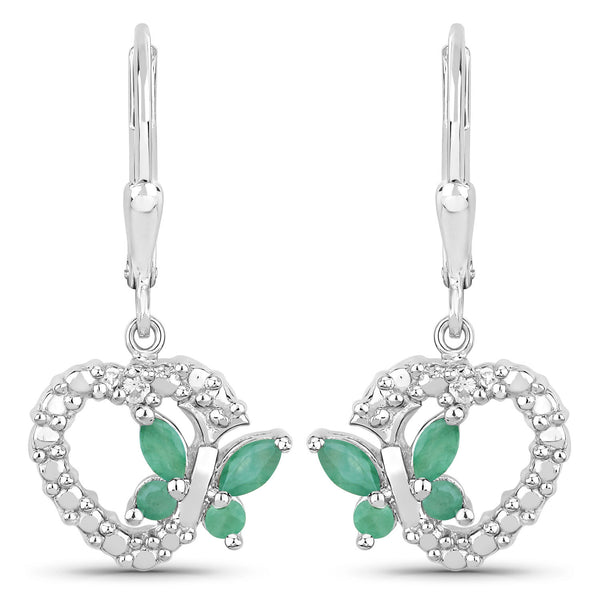 0.44 Carat Genuine Emerald and Created White Sapphire .925 Sterling Silver Earrings