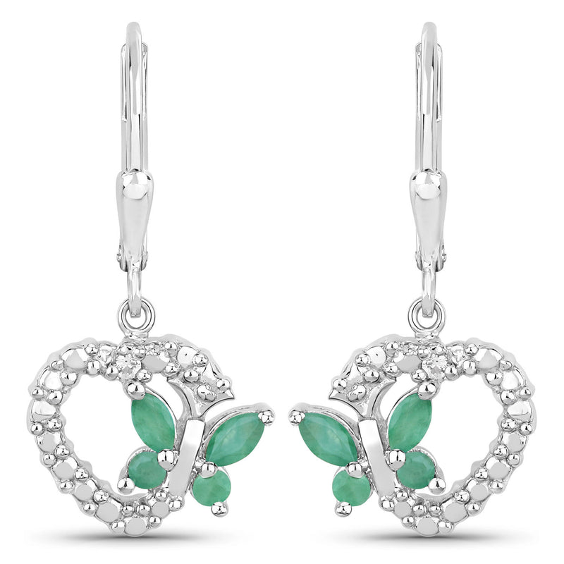 0.44 Carat Genuine Emerald and Created White Sapphire .925 Sterling Silver Earrings