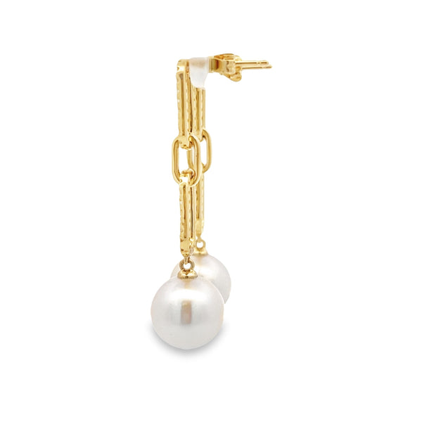 .63ct FW Pearl Diamond Dangle Earrings 14KT Yellow Gold