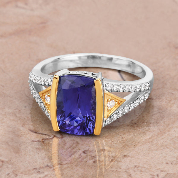 3.14 Carat Genuine Tanzanite and White Diamond 14K White Gold Ring