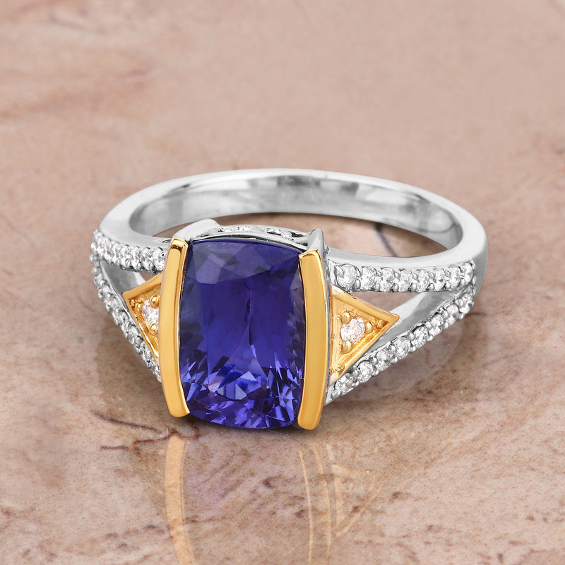 3.14 Carat Genuine Tanzanite and White Diamond 14K White Gold Ring