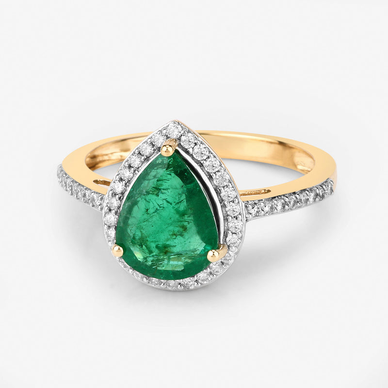 1.82 Carat Genuine Zambian Emerald and White Diamond 14K Yellow Gold Ring