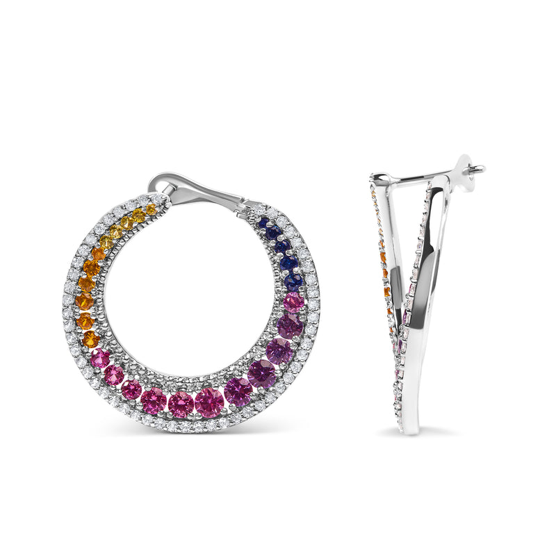 .925 Sterling Silver 3.0 Cttw Multi Colored Created Sapphire Rainbow Color Disc Hoop Earrings