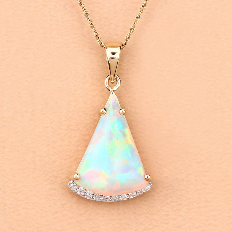 3.18 Carat Genuine Ethiopian Opal and White Diamond 14K Yellow Gold Pendant