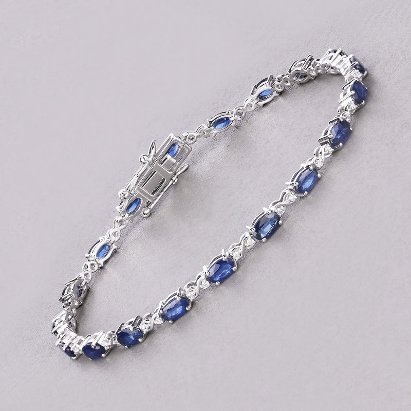 4.43 Carat Genuine Blue Sapphire and White Diamond 14K White Gold Bracelet