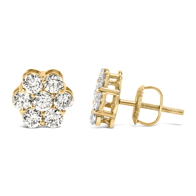 14K Yellow Gold 1 1/2 Cttw 7 Stone Floral Cluster Round Brilliant Cut Diamond Stud Earrings with Screw Backs (I-J Color, SI1-SI2 Clarity)