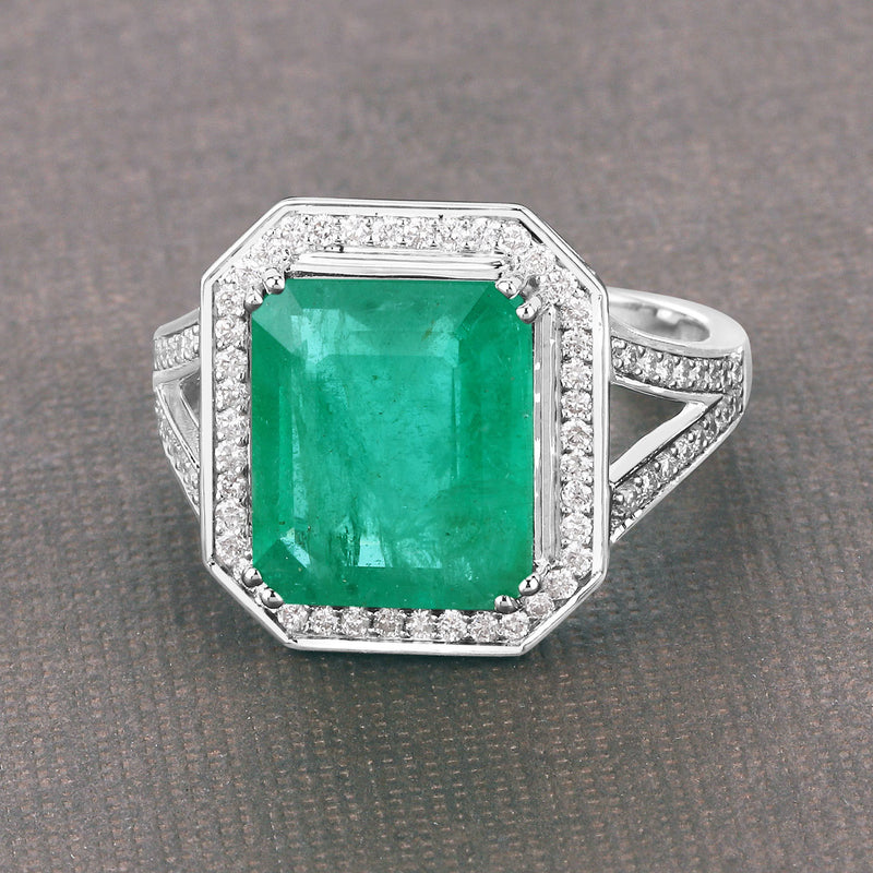 IGI Certified 5.13 Carat Genuine Zambian Emerald and White Diamond 14K White Gold Ring