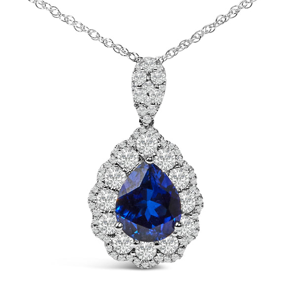 18K White Gold Recrystallized 9x7 MM Pear Shaped Blue Sapphire and 2 4/5 Cttw Diamond Halo and Bail 18" Inch Pendant Necklace (G-H Color, SI1-SI2 Clarity)