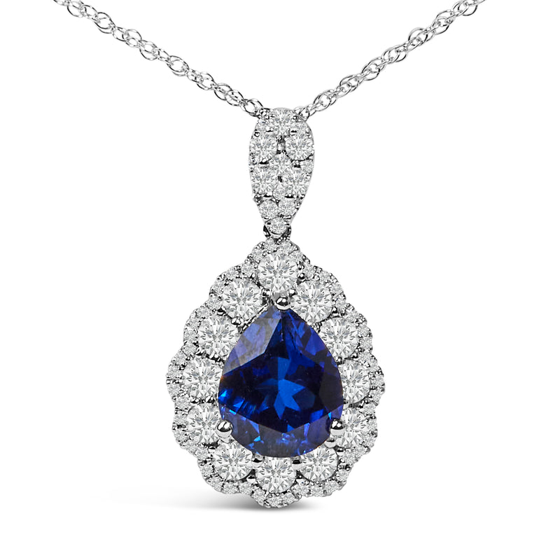 18K White Gold Recrystallized 9x7 MM Pear Shaped Blue Sapphire and 2 4/5 Cttw Diamond Halo and Bail 18" Inch Pendant Necklace (G-H Color, SI1-SI2 Clarity)