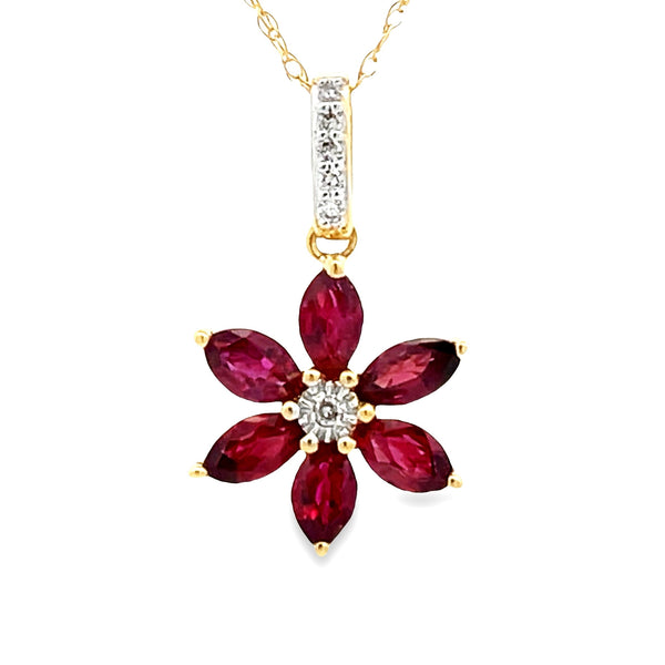 .31ct Ruby Diamond Flower Pendant 14KT Yellow Gold