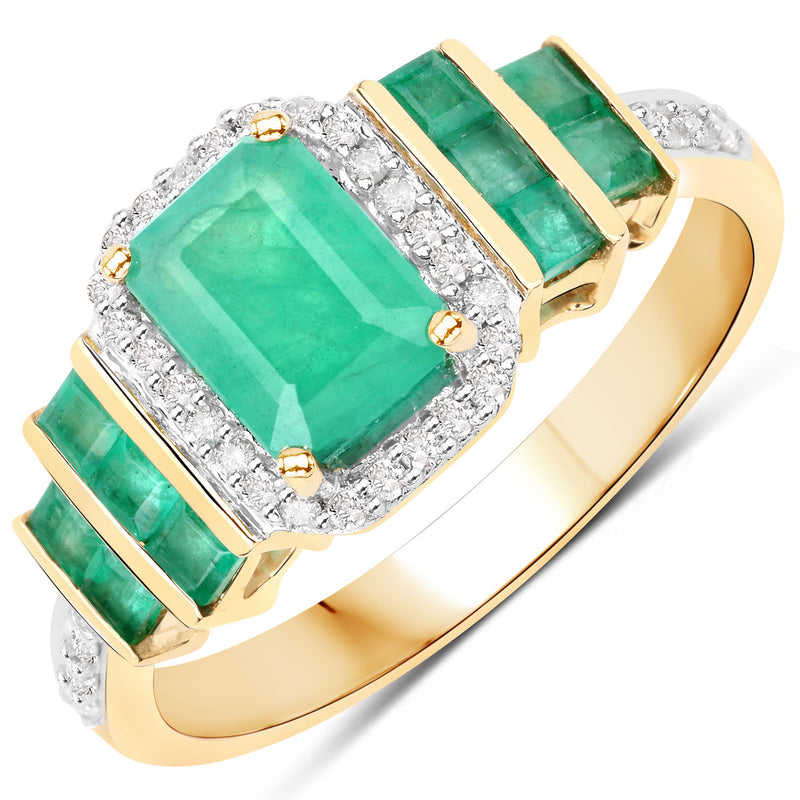 1.59 Carat Genuine Zambian Emerald and White Diamond 14K Yellow Gold Ring