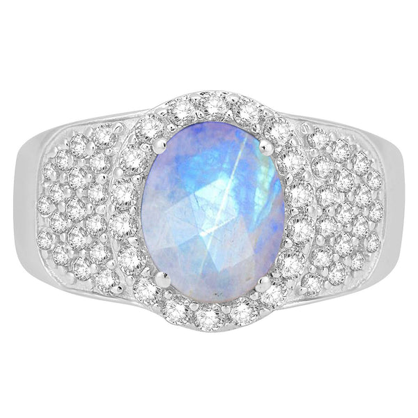V3 Jewelry Moonstone & White Topaz Halo Ring