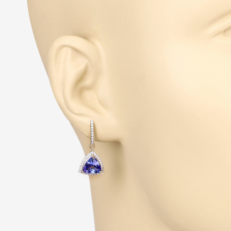 3.86 Carat Genuine Tanzanite and White Diamond 14K Yellow Gold Earrings