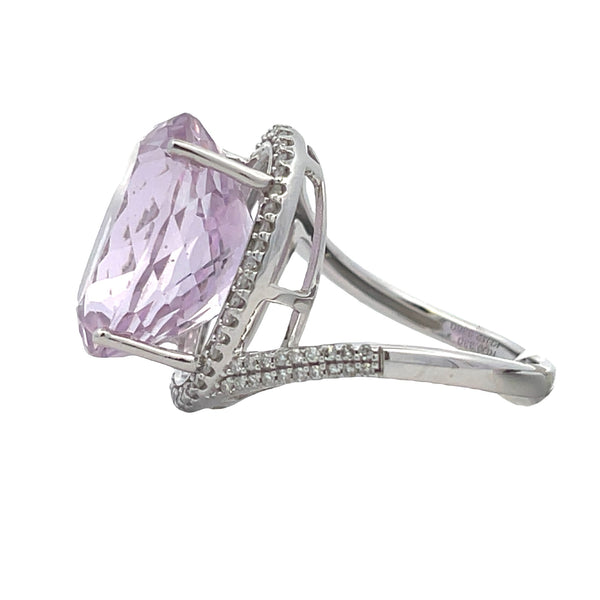 Natural 12.66ct Kunzite Diamond Ring 14KT White Gold