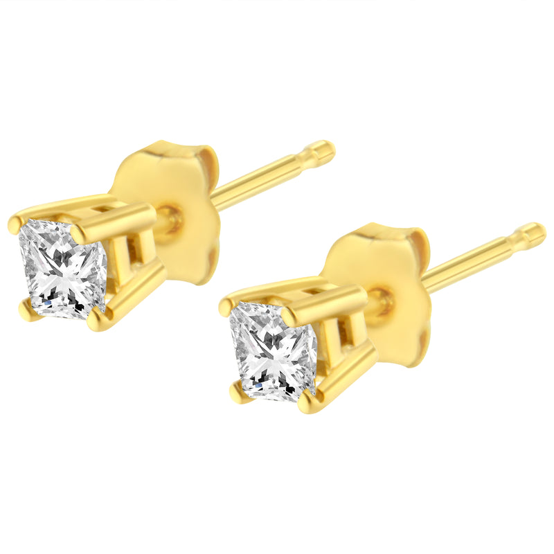 AGS Certified 1/4 Cttw Princess-Cut Square Diamond 4-Prong Solitaire Stud Earrings in 14K Yellow Gold (J-K Color, SI2-I1 Clarity)