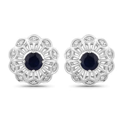 0.60 Carat Genuine Blue Sapphire and White Diamond 14K White Gold Earrings