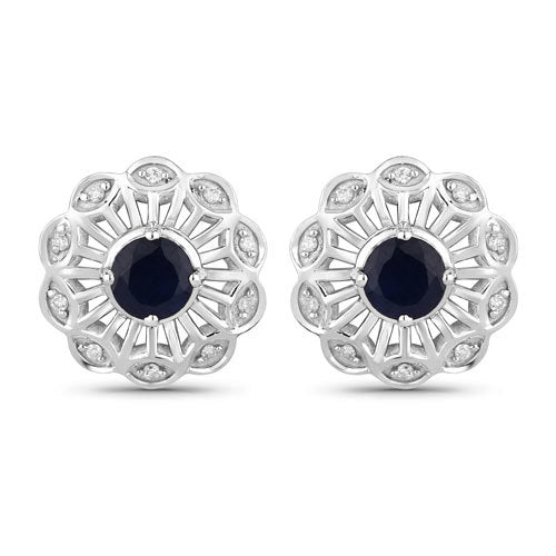 0.60 Carat Genuine Blue Sapphire and White Diamond 14K White Gold Earrings