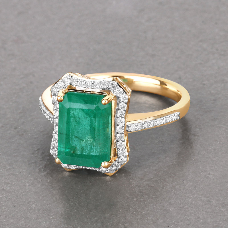 IGI Certified 3.65 Carat Genuine Zambian Emerald and White Diamond 14K Yellow Gold Ring