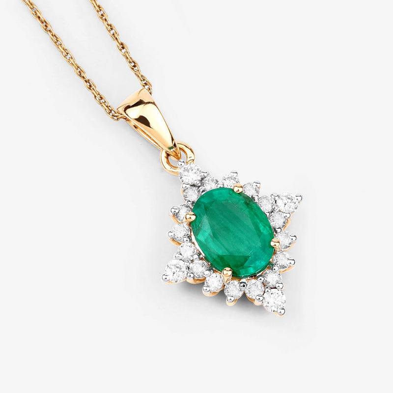 1.54 Carat Genuine Zambian Emerald and White Diamond 14K Yellow Gold Pendant