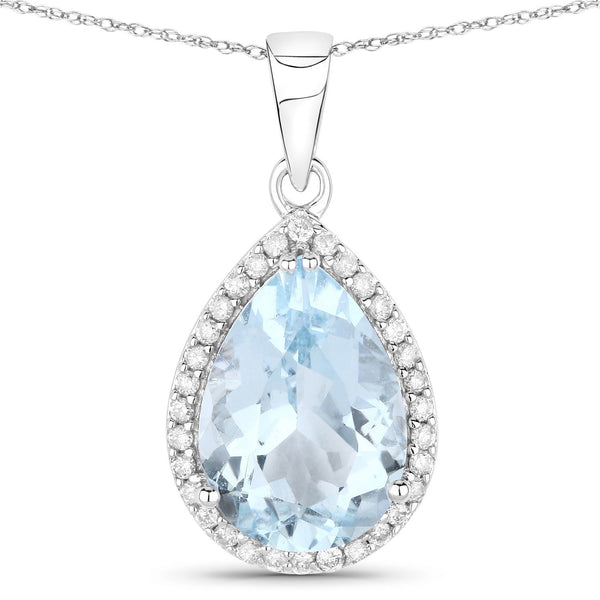 3.16 Carat Genuine Aquamarine And White Diamond 10K White Gold Pendant