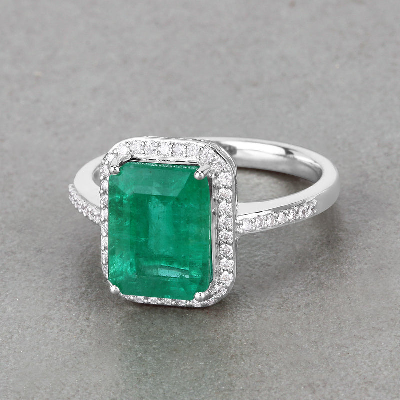 IGI Certified 3.57 Carat Genuine Zambian Emerald and White Diamond 14K White Gold Ring