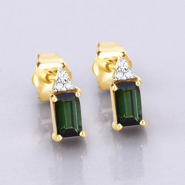 0.59 Carat Genuine Green Tourmaline and White Diamond 14K Yellow Gold Earrings