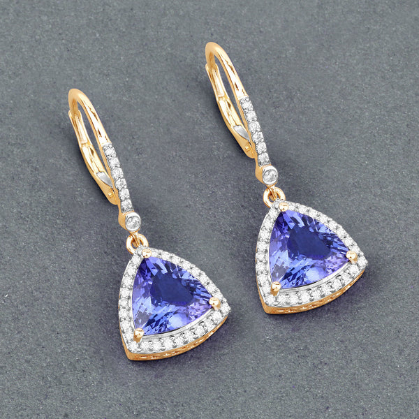 4.61 Carat Genuine Tanzanite and White Diamond 14K Yellow Gold Earrings