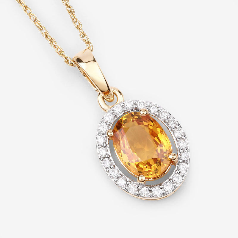 1.78 Carat Genuine Yellow Sapphire and White Diamond 14K Yellow Gold Pendant