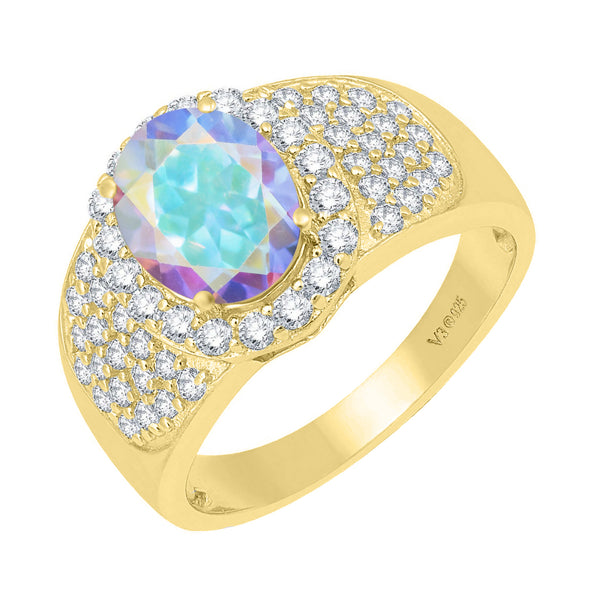V3 Jewelry 18K Gold Plated Mercury Opal Topaz & White Topaz Pavé Oval Halo Ring