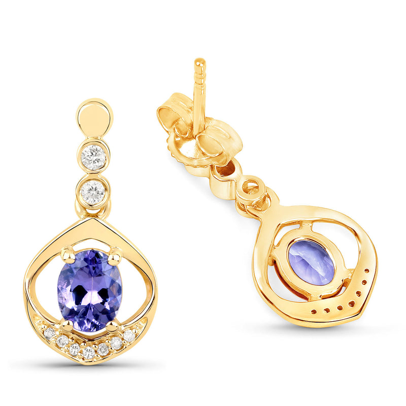 0.76 Carat Genuine Tanzanite and White Diamond 14K Yellow Gold Earrings