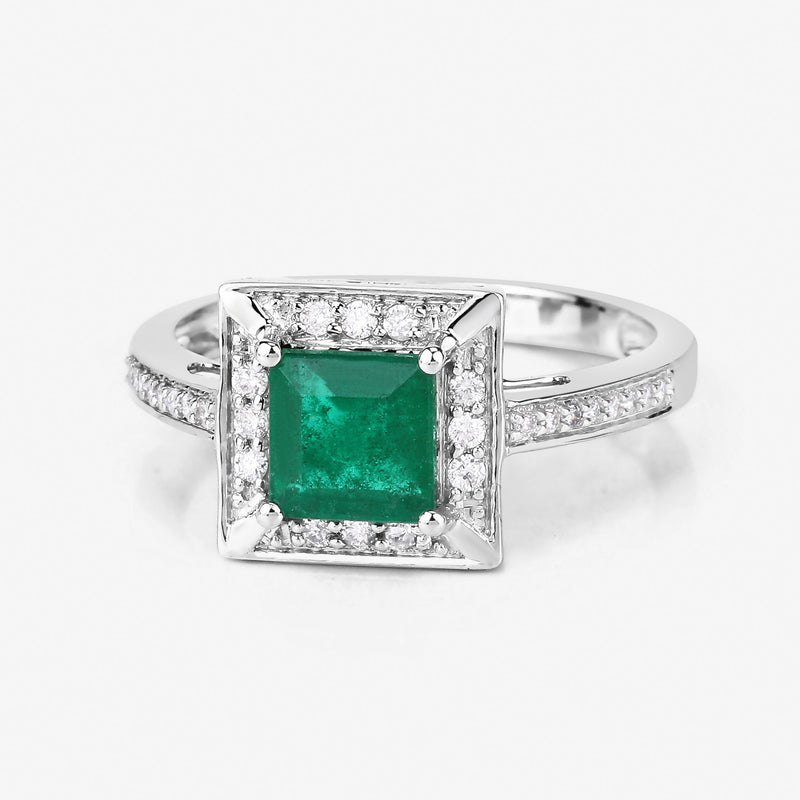 1.19 Carat Genuine Zambian Emerald and White Diamond 14K White Gold Ring