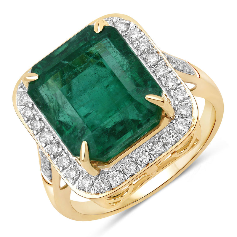 IGI Certified 10.99 Carat Genuine Zambian Emerald and White Diamond 14K Yellow Gold Ring