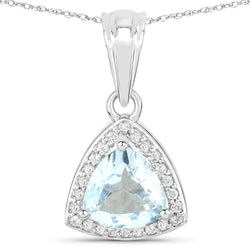 1.49 Carat Genuine Aquamarine and White Diamond 14K White Gold Pendant