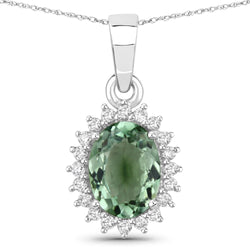 1.39 Carat Genuine Green Tourmaline and White Diamond 14K White Gold Pendant