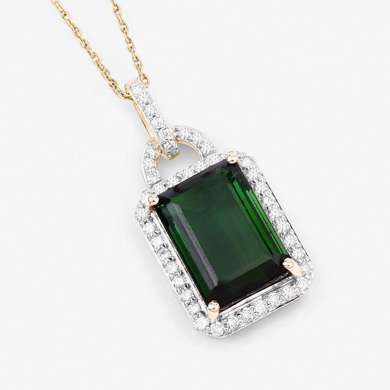 6.30 Carat Genuine Green Tourmaline and White Diamond 14K Yellow Gold Pendant