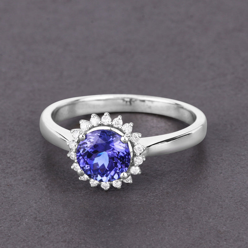 1.37 Carat Genuine Tanzanite and White Diamond 14K White Gold Ring