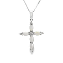 Opal Diamond Cross Religious Pendant 10KT White Gold