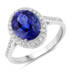 3.22 Carat Genuine Tanzanite and White Diamond 14K White Gold Ring