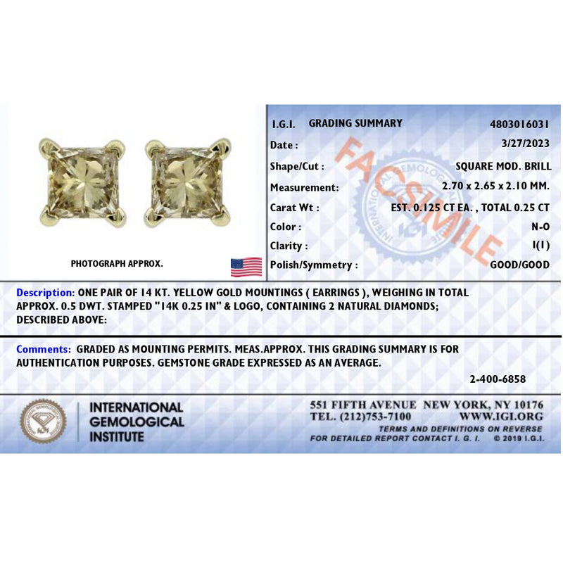 IGI Certified 1/4 Cttw Princess-Cut Square Diamond 4-Prong Solitaire Stud Earrings in 14K Yellow Gold (N-O Color, I1-I2 Clarity)