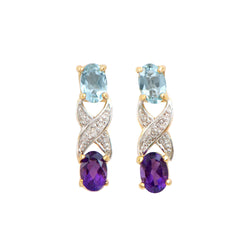 1.72 ctw Amethyst , Blue Topaz & Diamonds 18K Gold Plated Designer Earrings