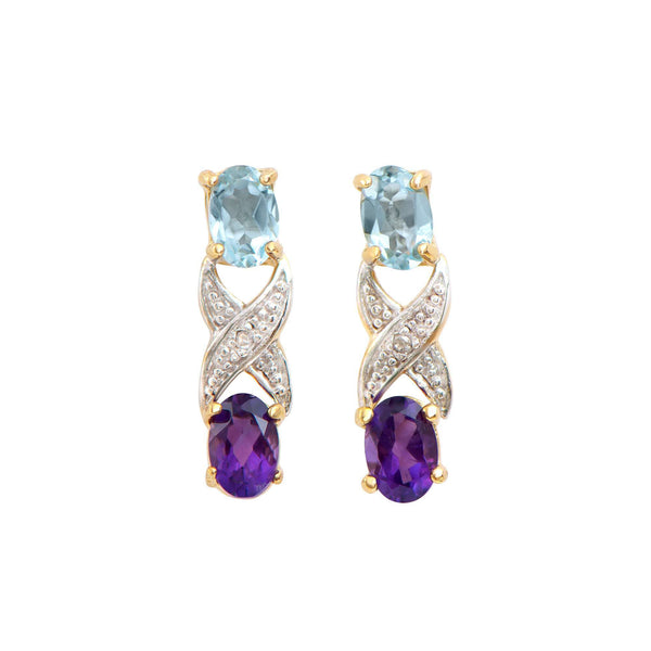 1.72 ctw Amethyst , Blue Topaz & Diamonds 18K Gold Plated Designer Earrings