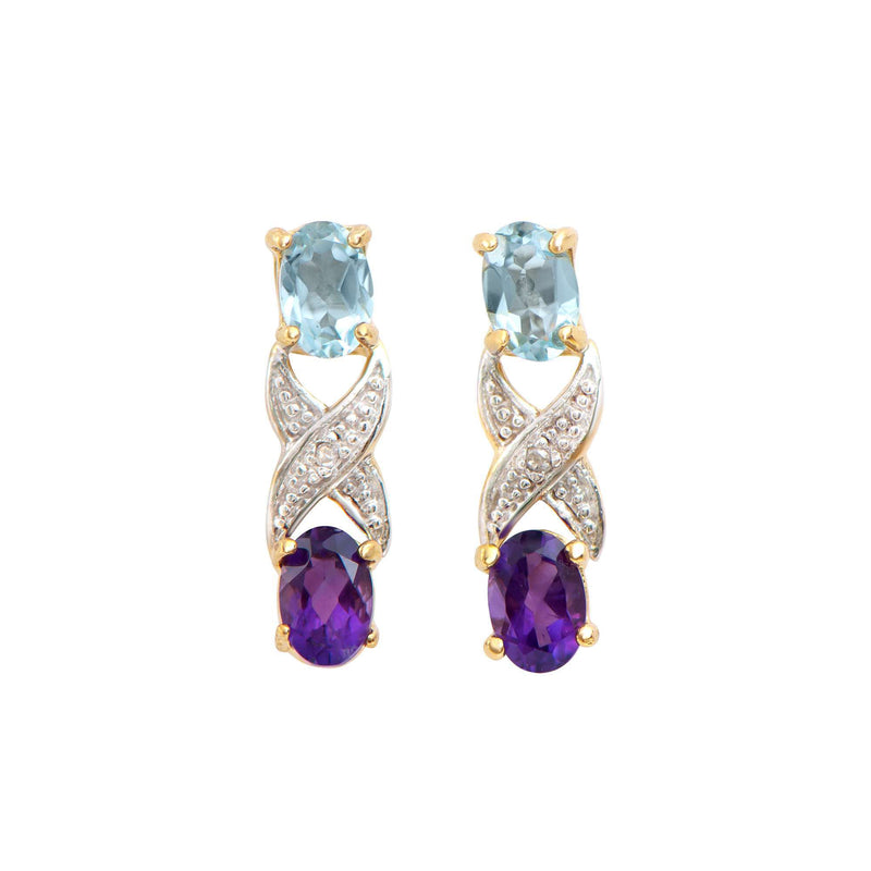 1.72 ctw Amethyst , Blue Topaz & Diamonds 18K Gold Plated Designer Earrings