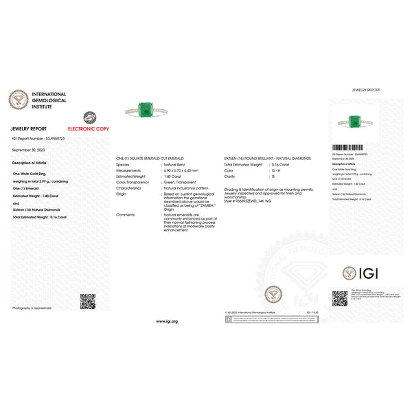 IGI Certified 1.56 Carat Genuine Zambian Emerald and White Diamond 14K White Gold Ring