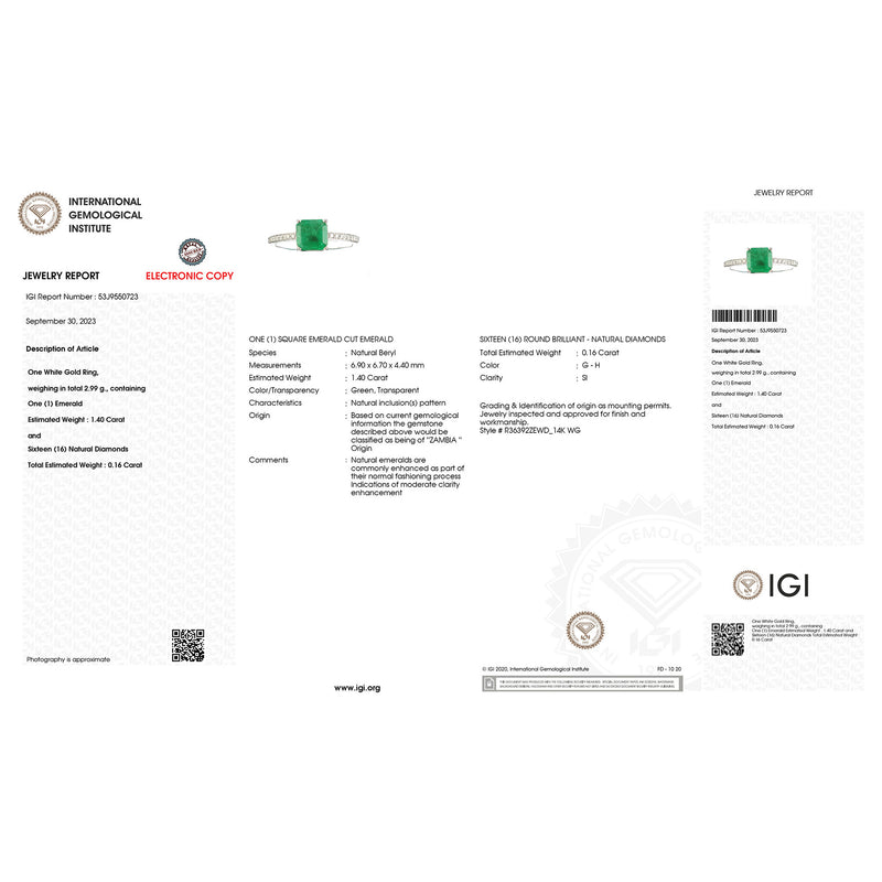 IGI Certified 1.56 Carat Genuine Zambian Emerald and White Diamond 14K White Gold Ring