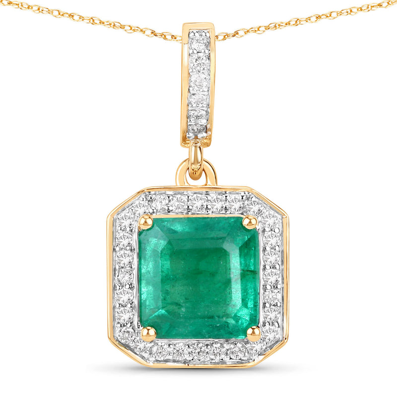 IGI Certified 2.01 Carat Genuine Zambian Emerald and White Diamond 14K Yellow Gold Pendant