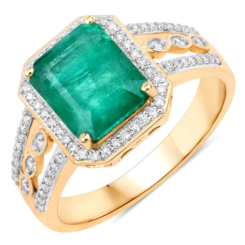 IGI Certified 2.46 Carat Genuine Zambian Emerald and White Diamond 14K Yellow Gold Ring