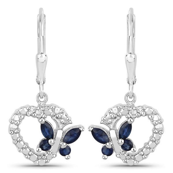 0.57 Carat Genuine Blue Sapphire and Created White Sapphire .925 Sterling Silver Earrings