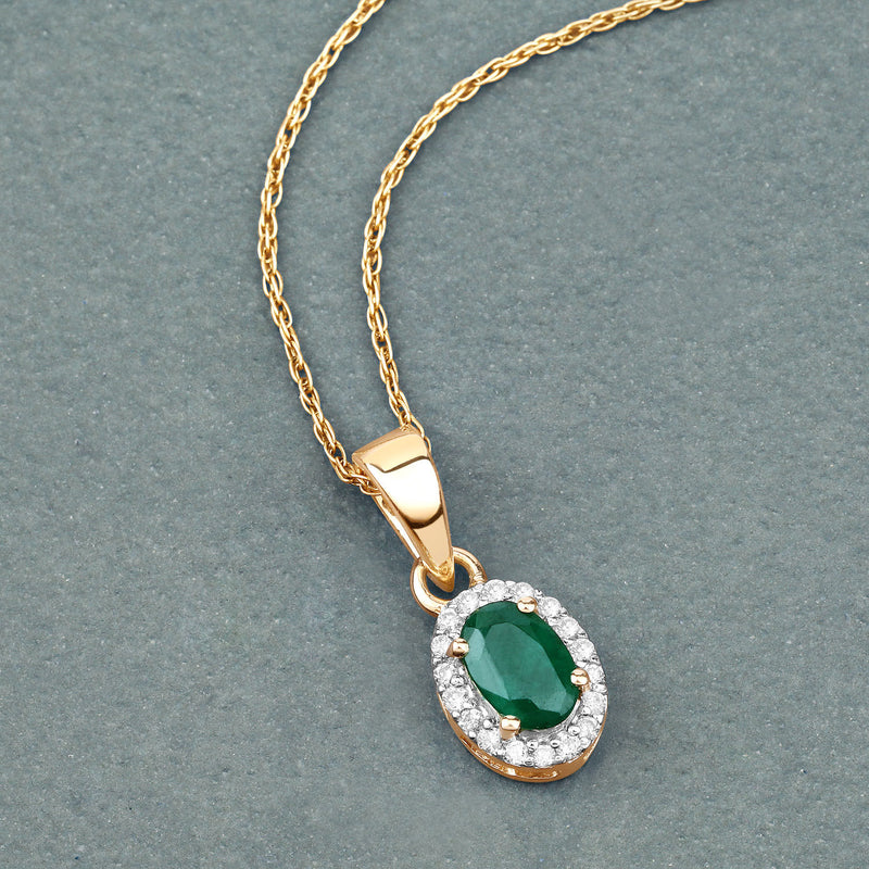 0.81 Carat Genuine Zambian Emerald and White Diamond 14K Yellow Gold Pendant