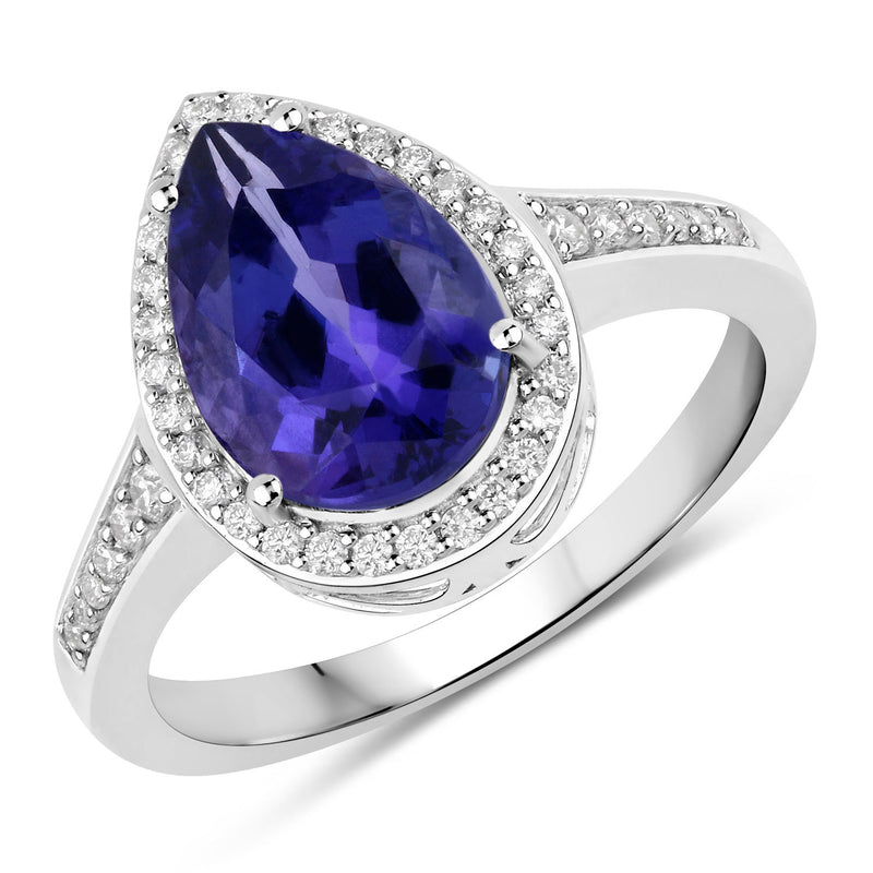 3.04 Carat Genuine Tanzanite and White Diamond 14K White Gold Ring